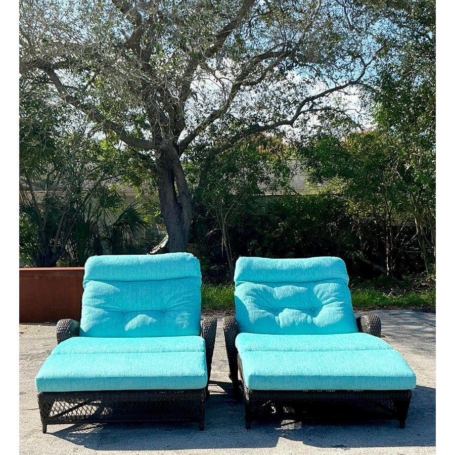 Vintage Boho Woven Resin Rattan Lounge Chairs - Set of 2 In Good Condition For Sale In west palm beach, FL