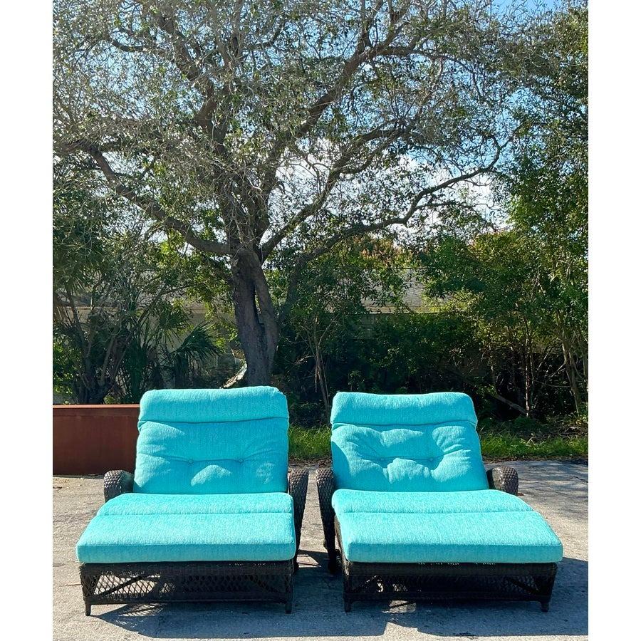 Fabric Vintage Boho Woven Resin Rattan Lounge Chairs - Set of 2 For Sale