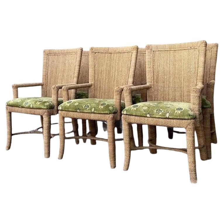 Sedie da pranzo vintage in iuta con rivestimento boho - Set di 6 in vendita