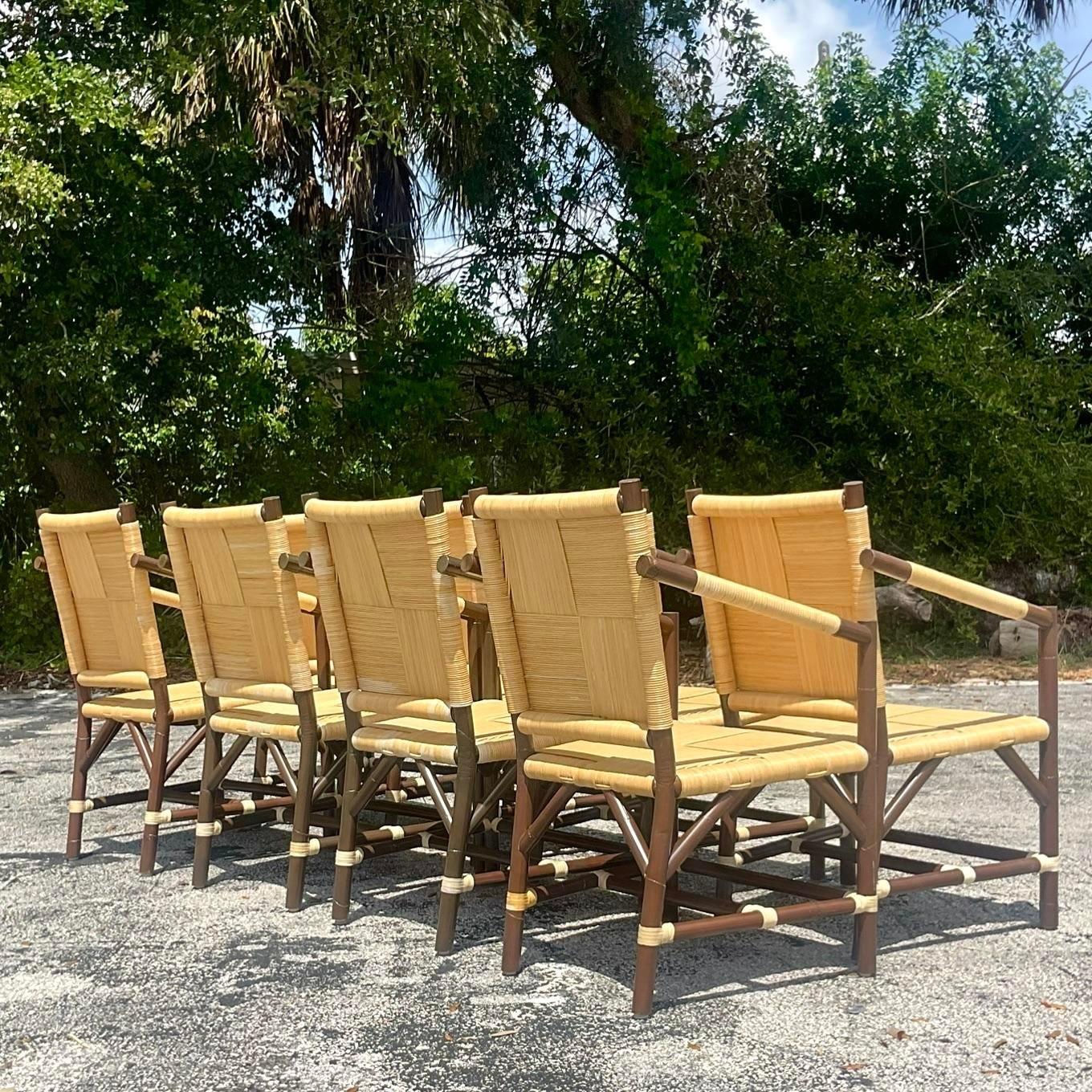 Philippine Vintage Boho Wrapped Rattan Dining Chairs After John Hutton for Donghia-Set of 8