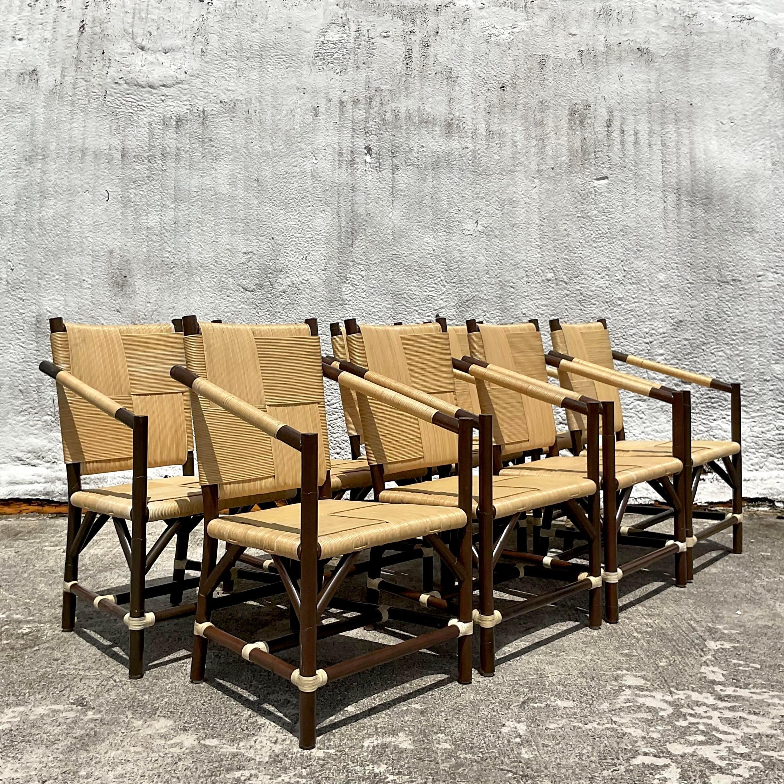 Vintage Boho Wrapped Rattan Dining Chairs After John Hutton for Donghia-Set of 8 In Good Condition In West Palm Beach, FL