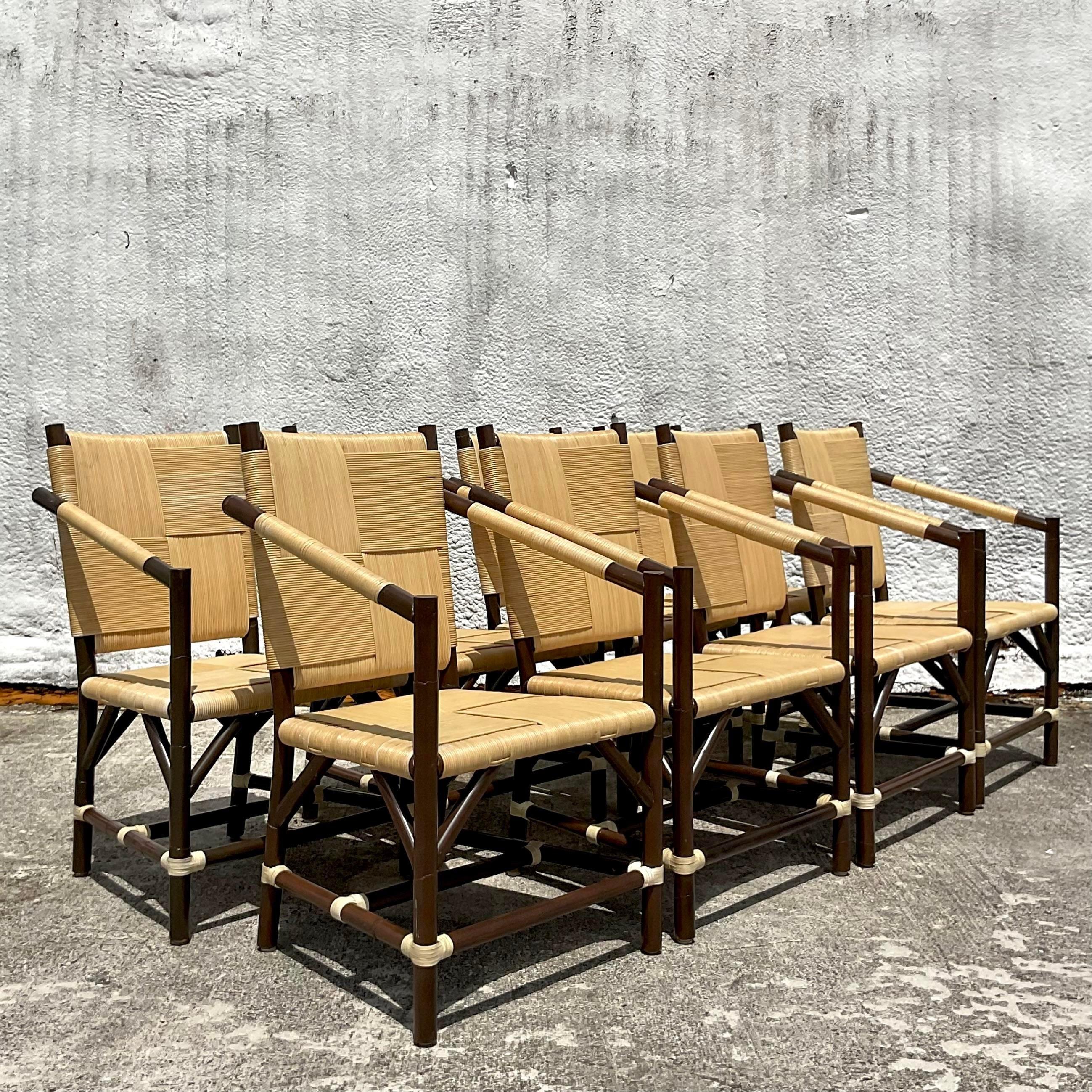 20th Century Vintage Boho Wrapped Rattan Dining Chairs After John Hutton for Donghia-Set of 8