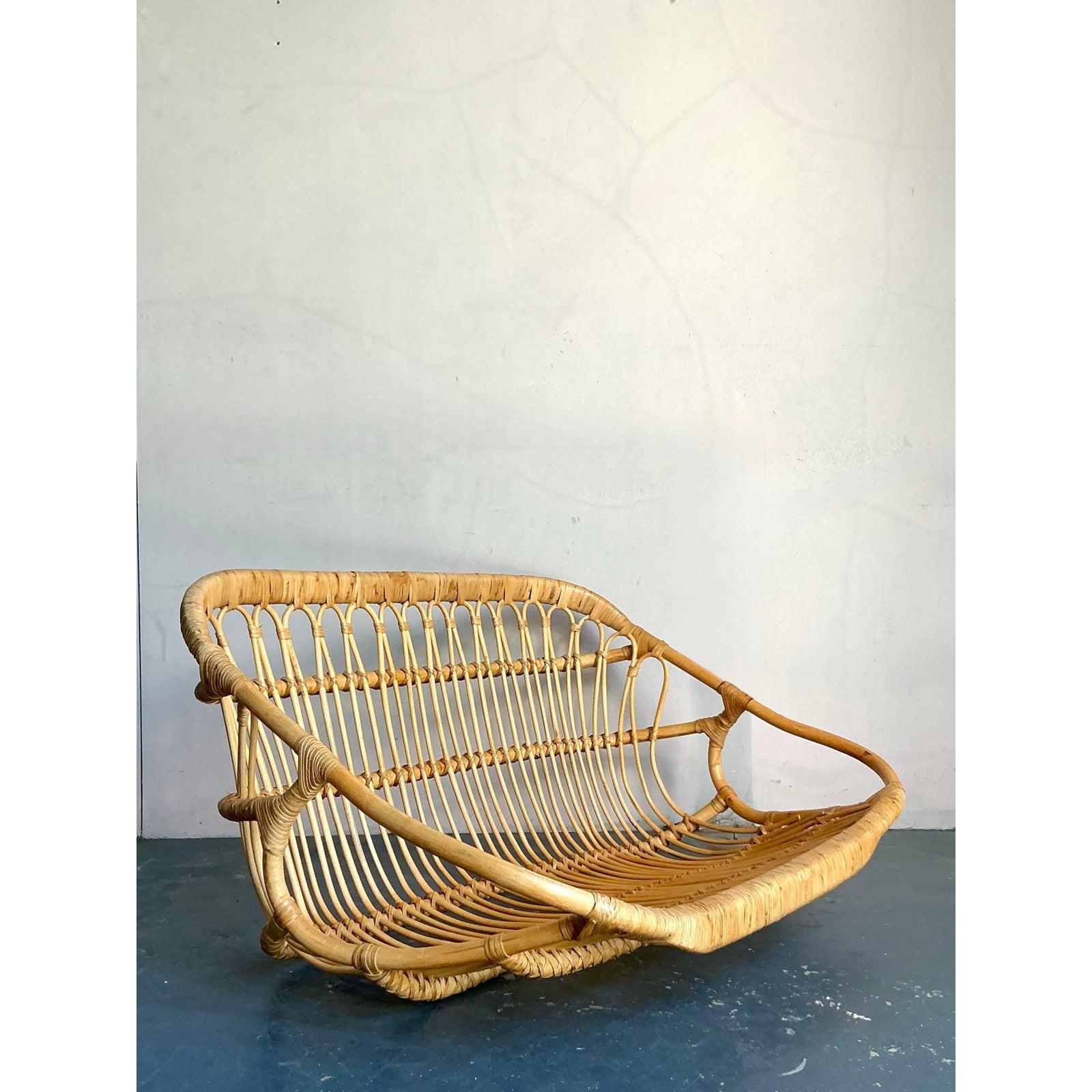 Philippine Vintage Boho Wrapped Rattan Hanging Bench For Sale