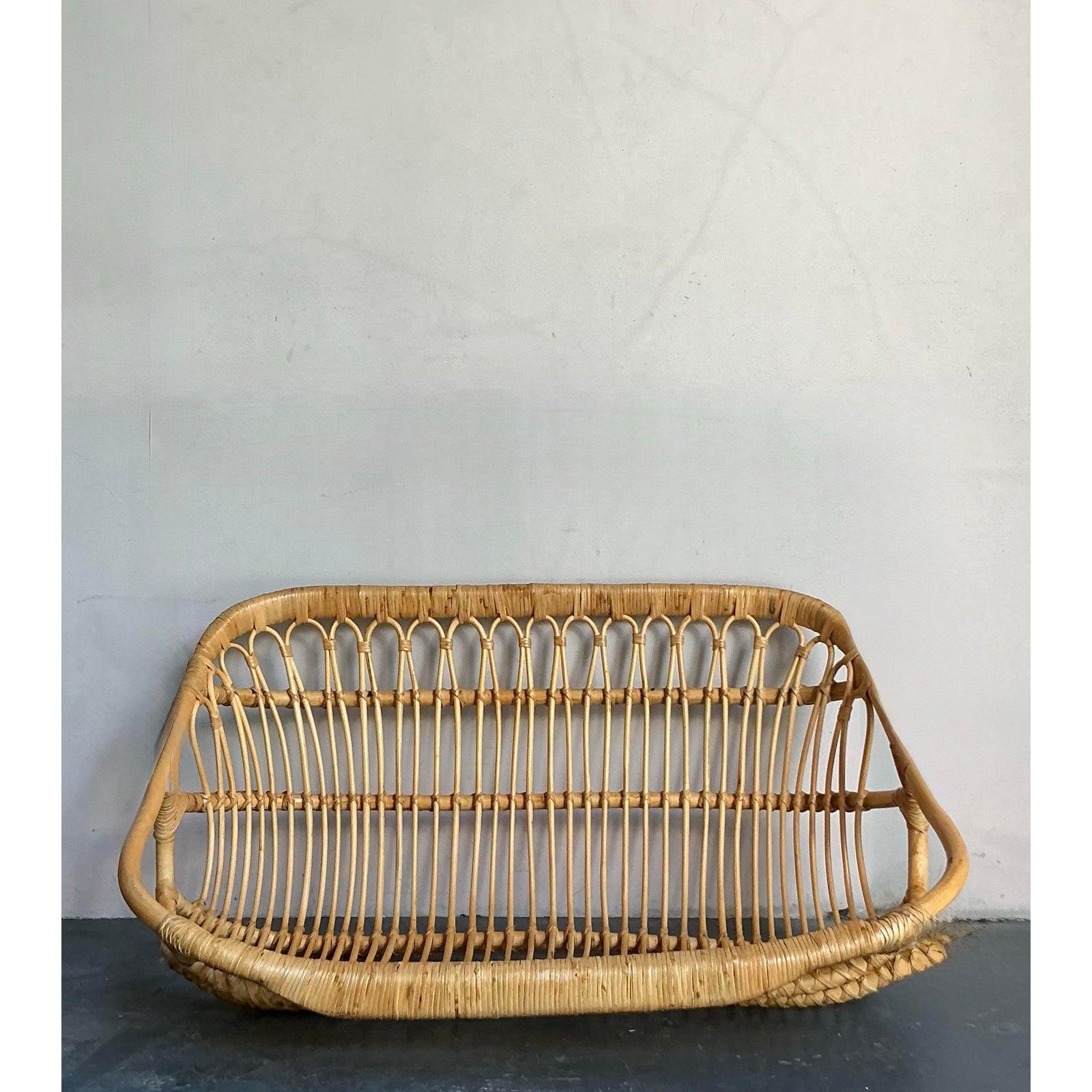 Vintage Boho Wrapped Rattan Hanging Bench In Good Condition For Sale In West Palm Beach, FL