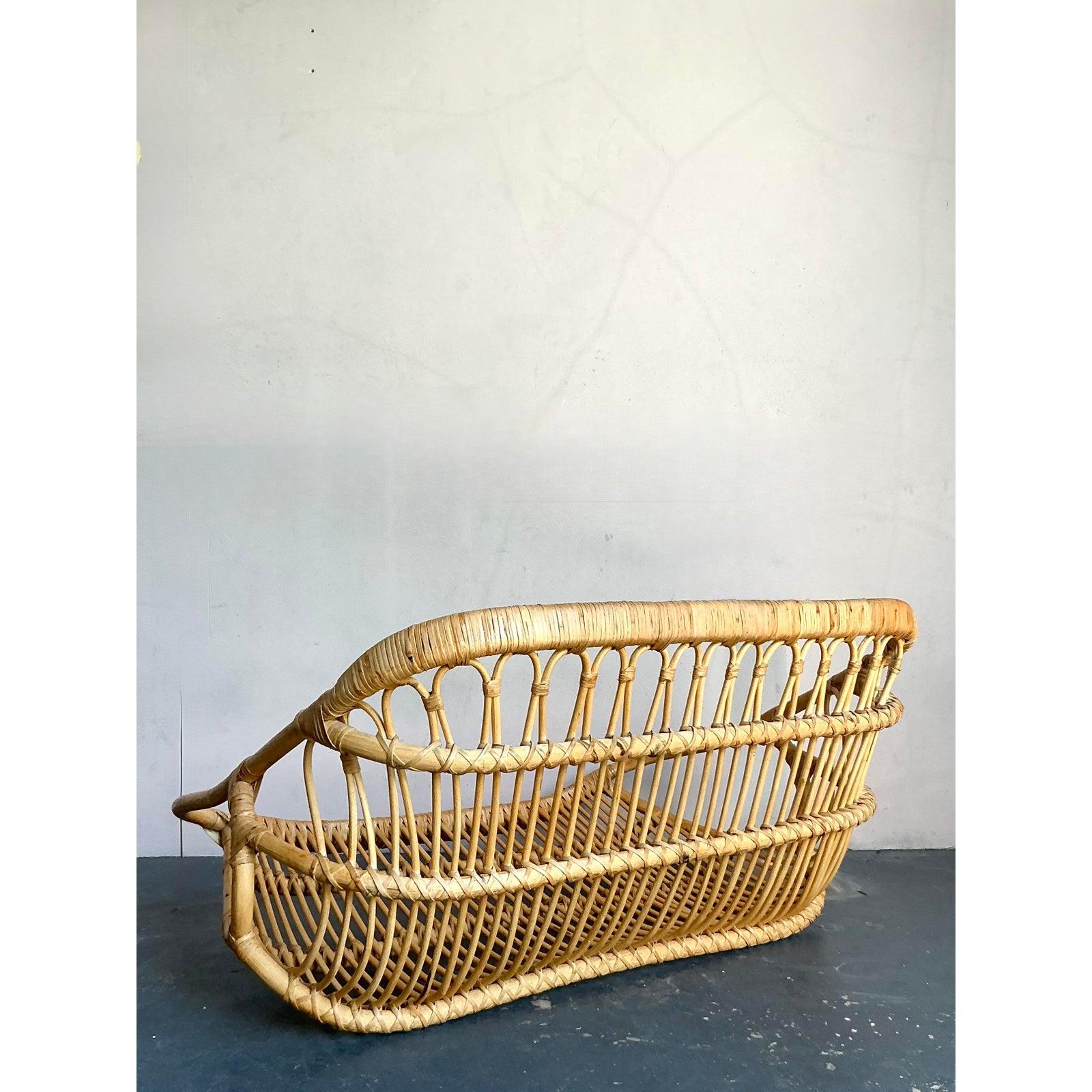 Contemporary Vintage Boho Wrapped Rattan Hanging Bench For Sale