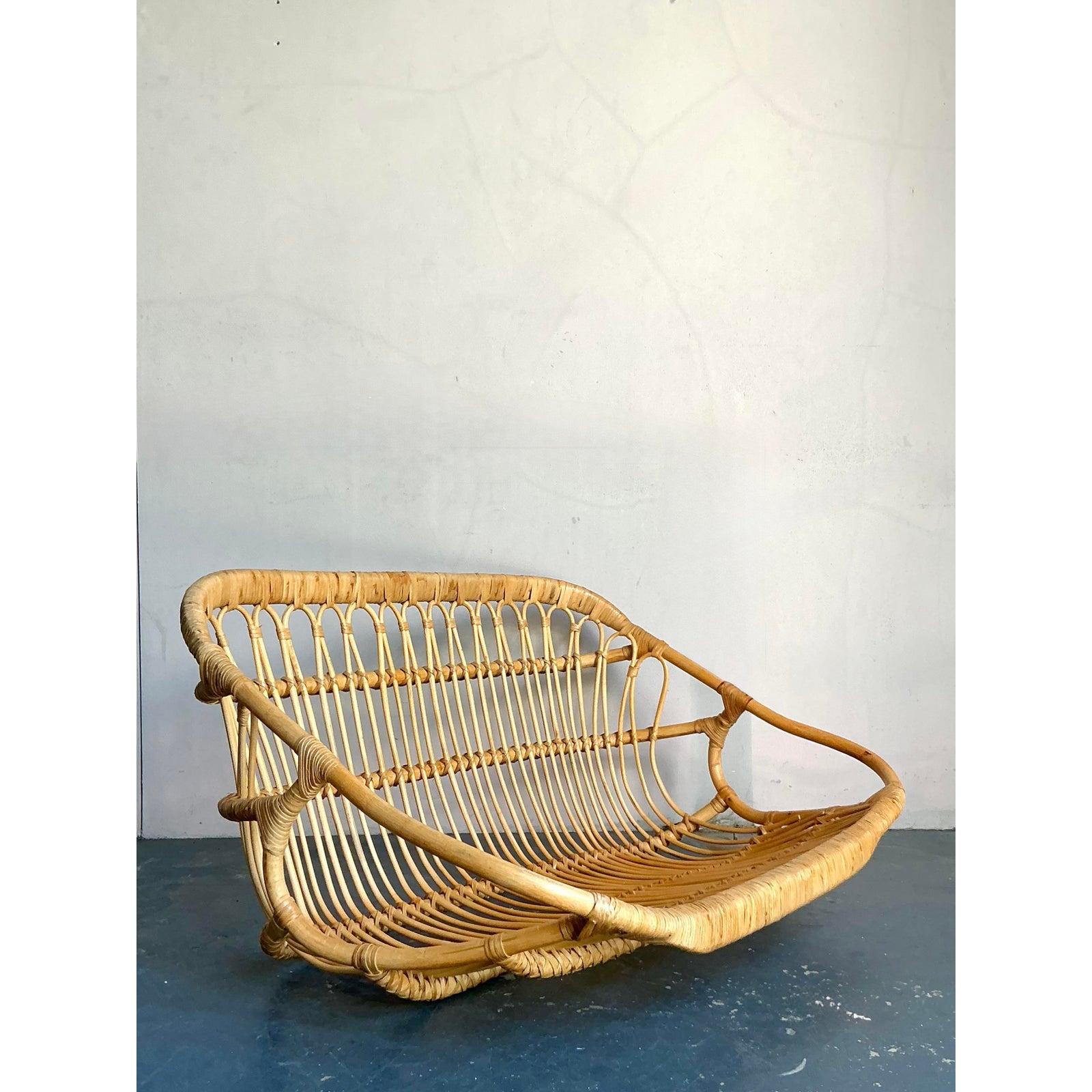 Vintage Boho Wrapped Rattan Hanging Bench For Sale 2
