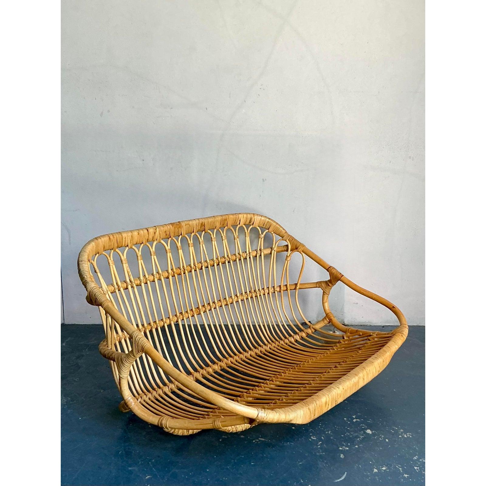 Vintage Boho Wrapped Rattan Hanging Bench For Sale 3