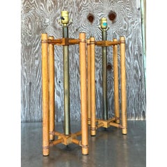 Vintage Boho Wrapped Rattan Lamps - A Pair