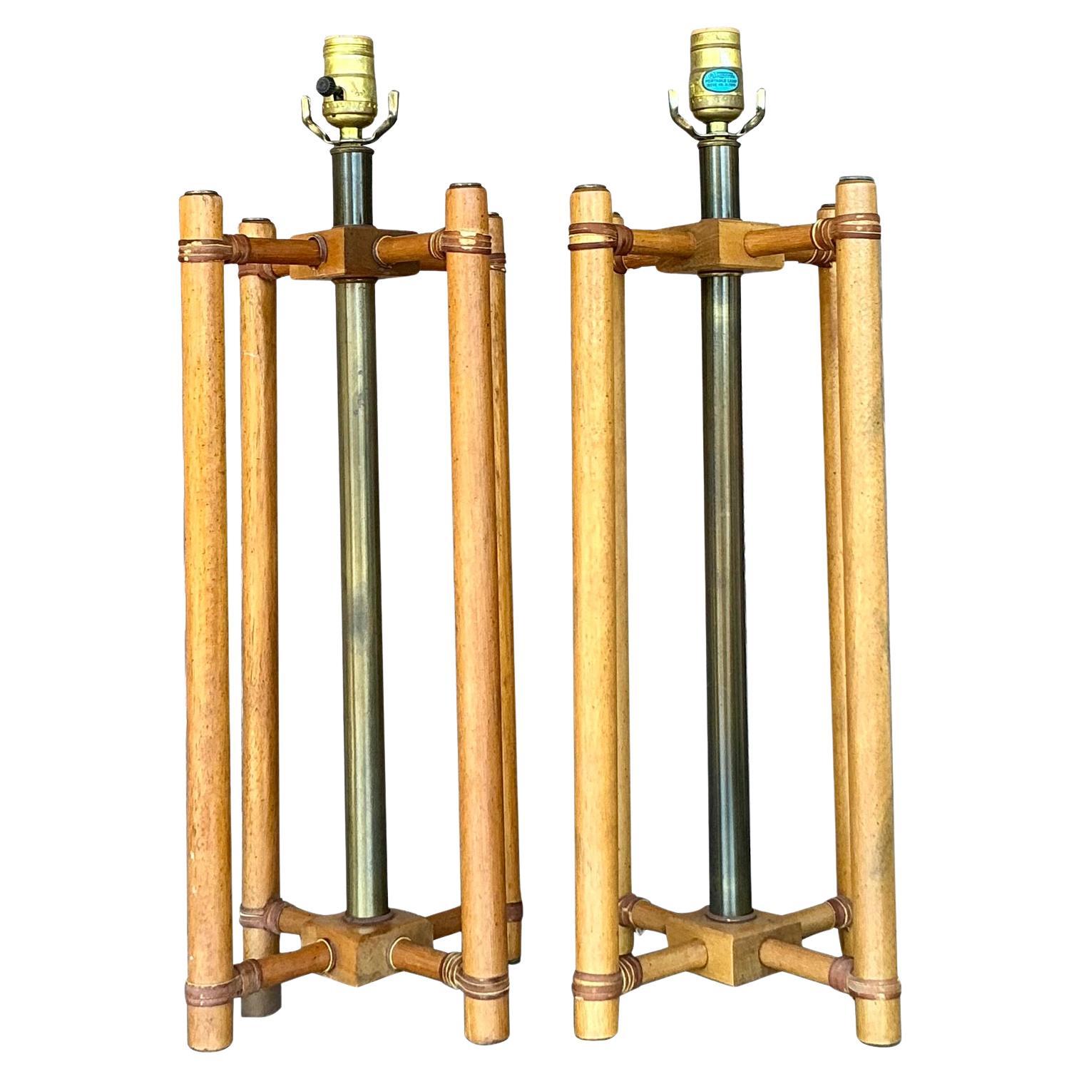 Vintage Boho Wrapped Rattan Lamps - A Pair