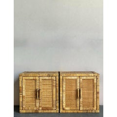 Vintage Boho Wrapped Rattan Nightstands - A Pair