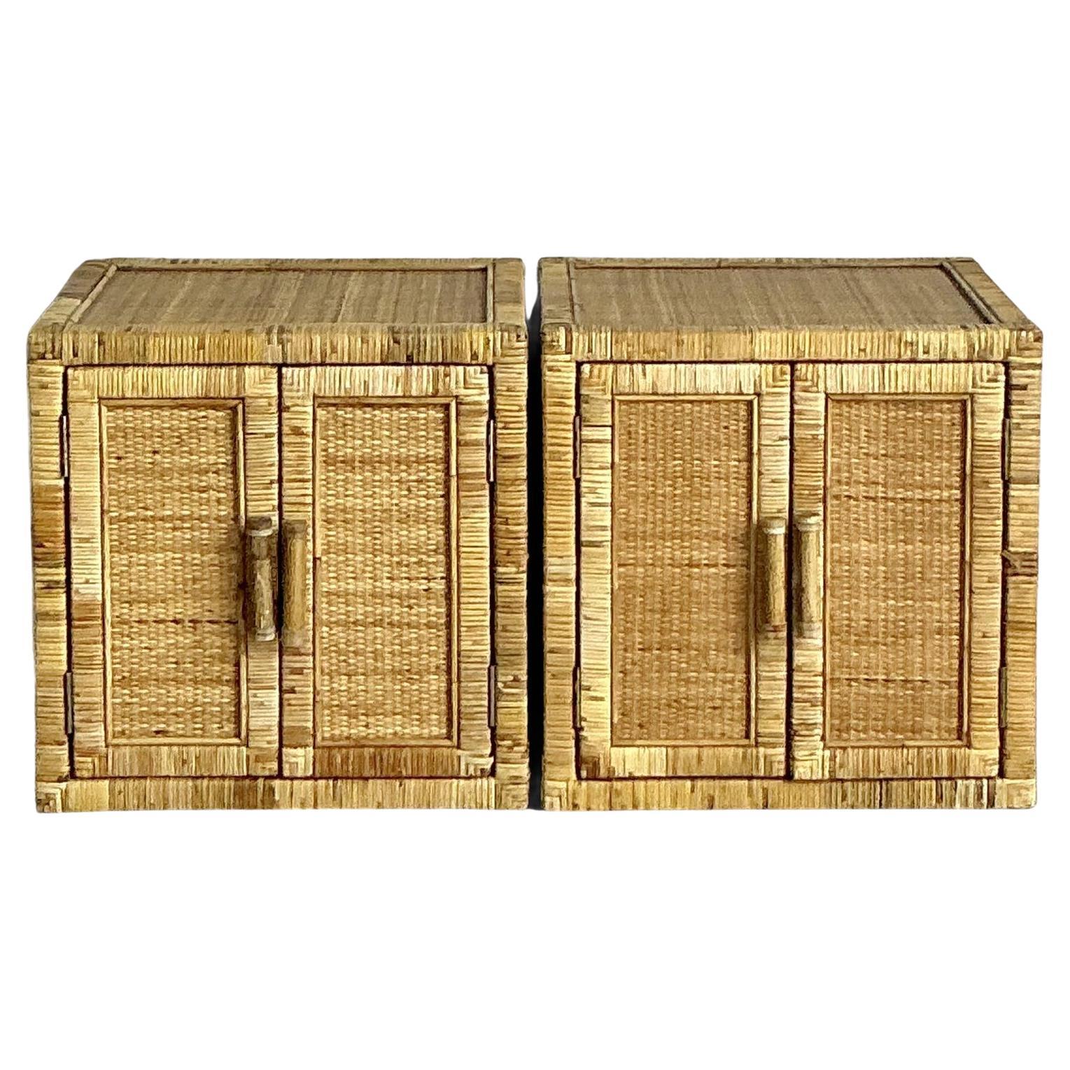Vintage Boho Wrapped Rattan Nightstands - A Pair For Sale