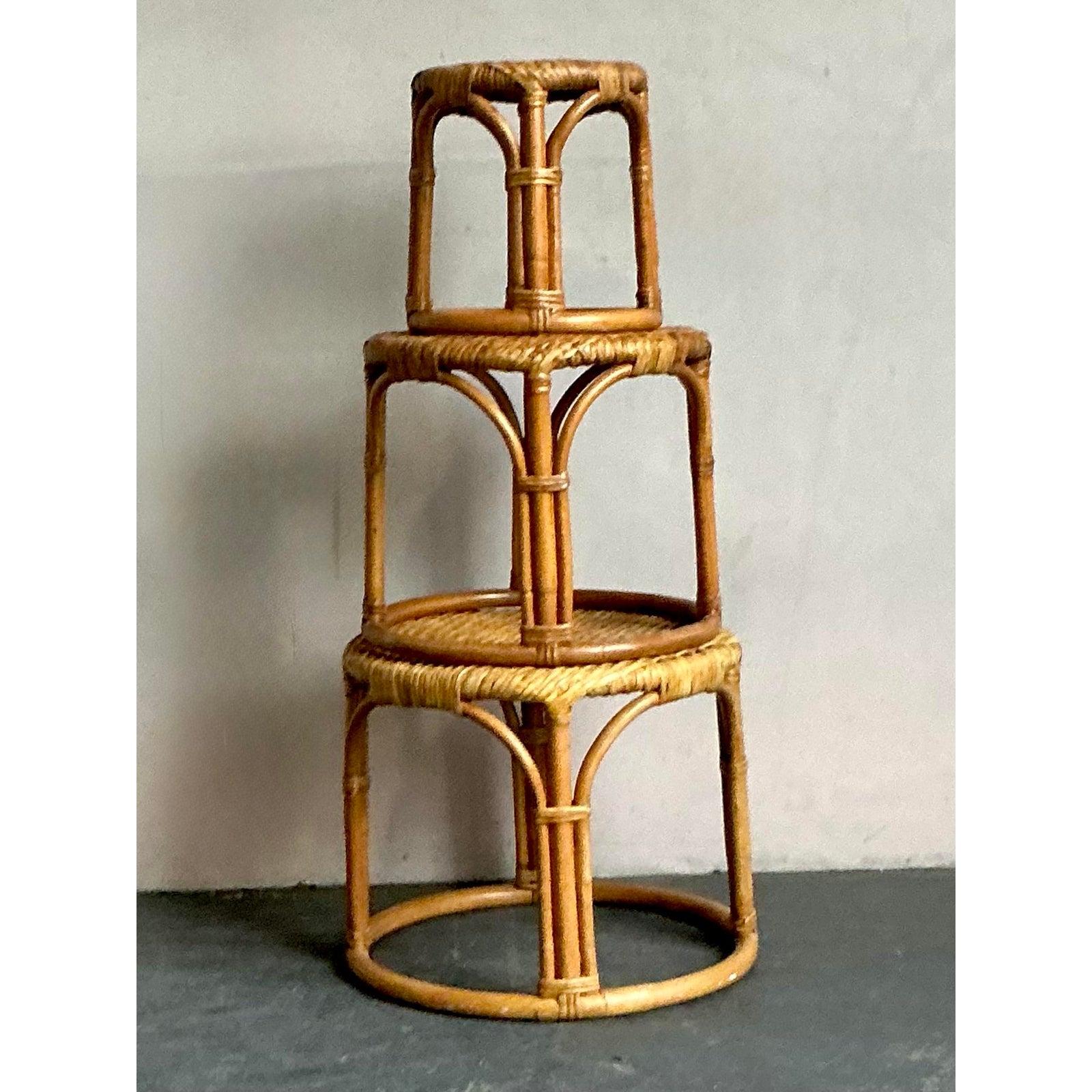 Bambù Tavoli impilabili in rattan avvolti in stile bohémien - set da 3 in vendita