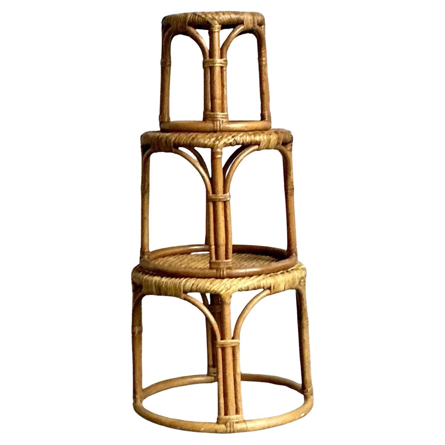 Vintage Boho Wrapped Rattan Stapeltische - Satz von 3