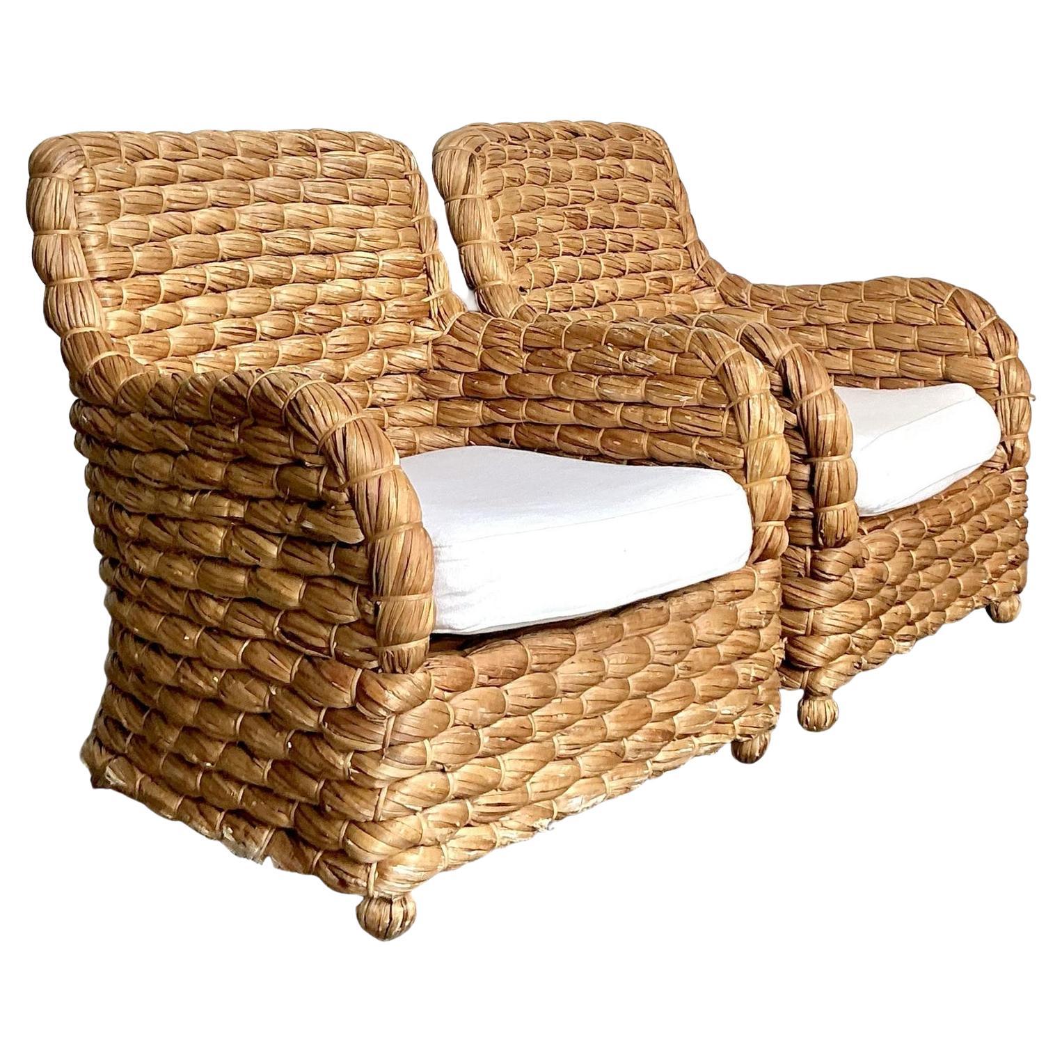 Vintage Boho Wrapped Seagrass Lounge Chairs - A Pair