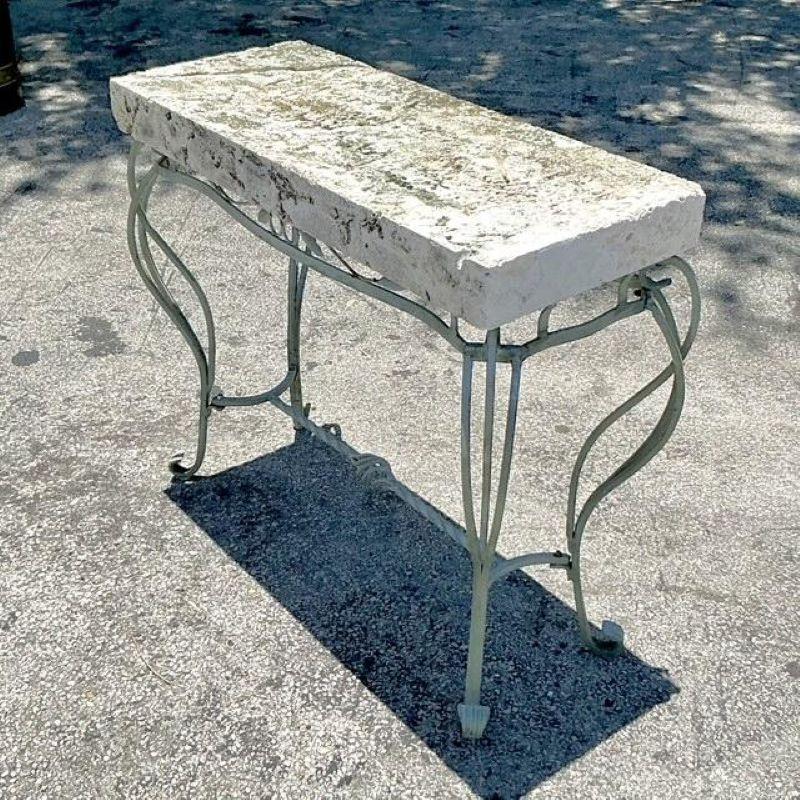 Rustic Vintage Boho Wrought Iron and Coquina Stone Console Table For Sale