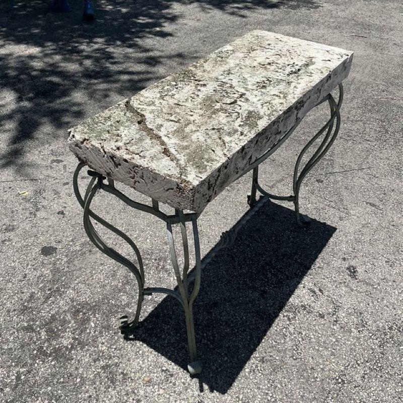 French Vintage Boho Wrought Iron and Coquina Stone Console Table For Sale