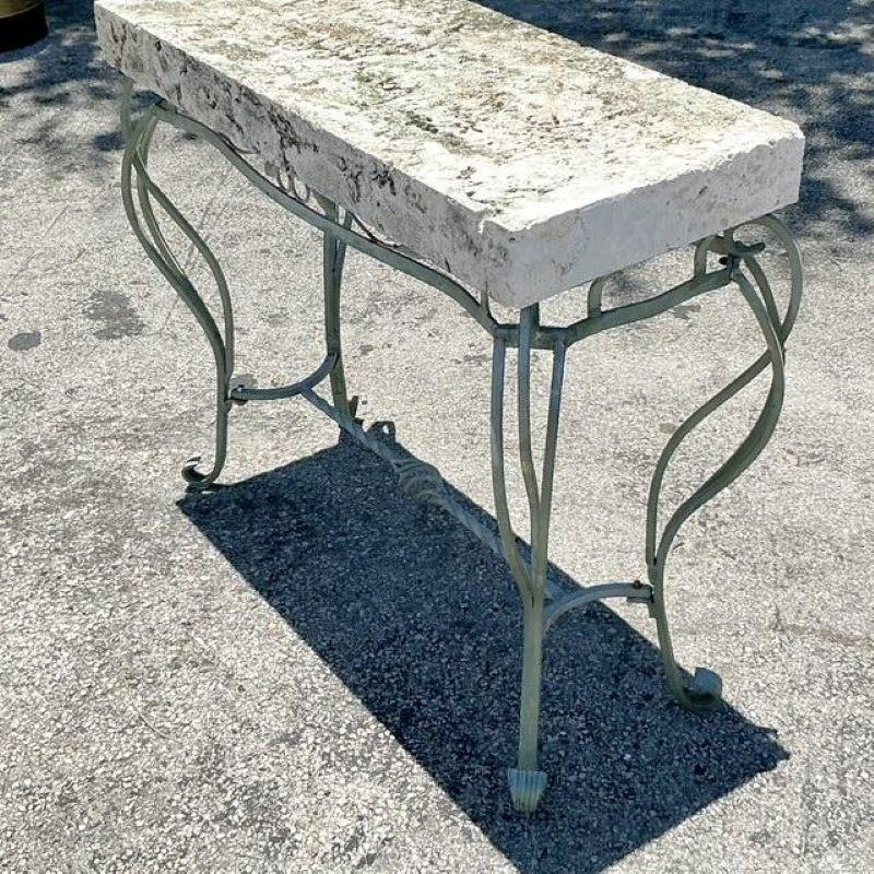 Vintage Boho Wrought Iron and Coquina Stone Console Table In Good Condition For Sale In west palm beach, FL