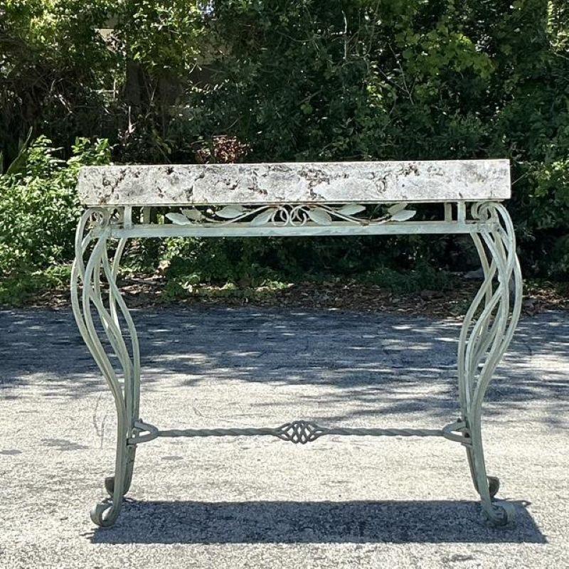 Vintage Boho Wrought Iron and Coquina Stone Console Table For Sale 1