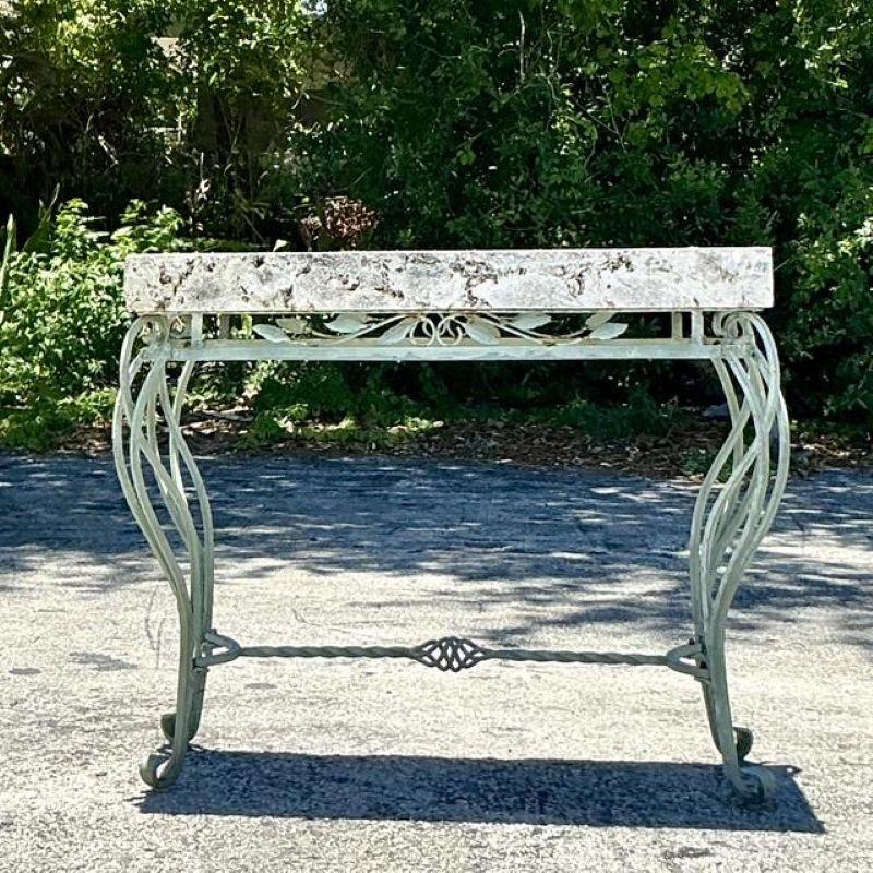 Vintage Boho Wrought Iron and Coquina Stone Console Table For Sale 2