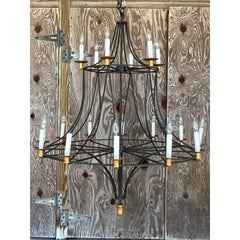 Vintage Boho Wrought Iron and Gilt Chandelier