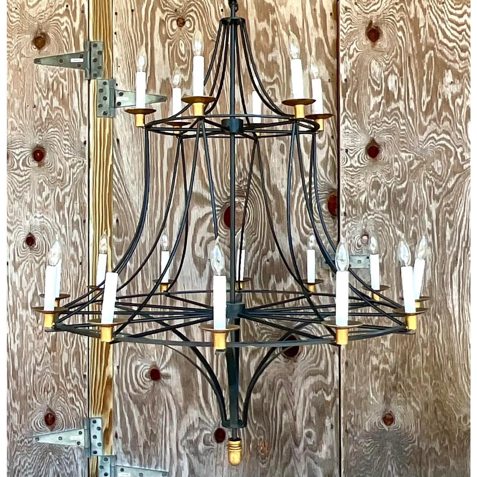 North American Vintage Boho Wrought Iron and Gilt Chandelier