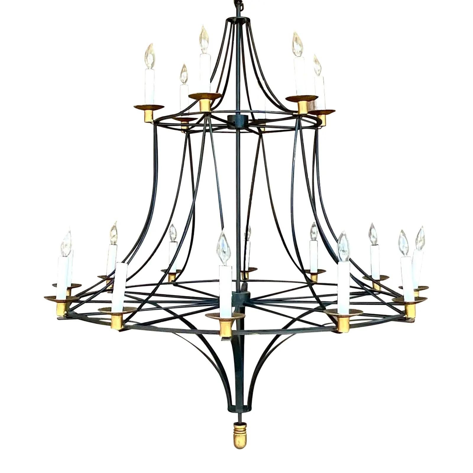 Vintage Boho Wrought Iron and Gilt Chandelier In Fair Condition In west palm beach, FL