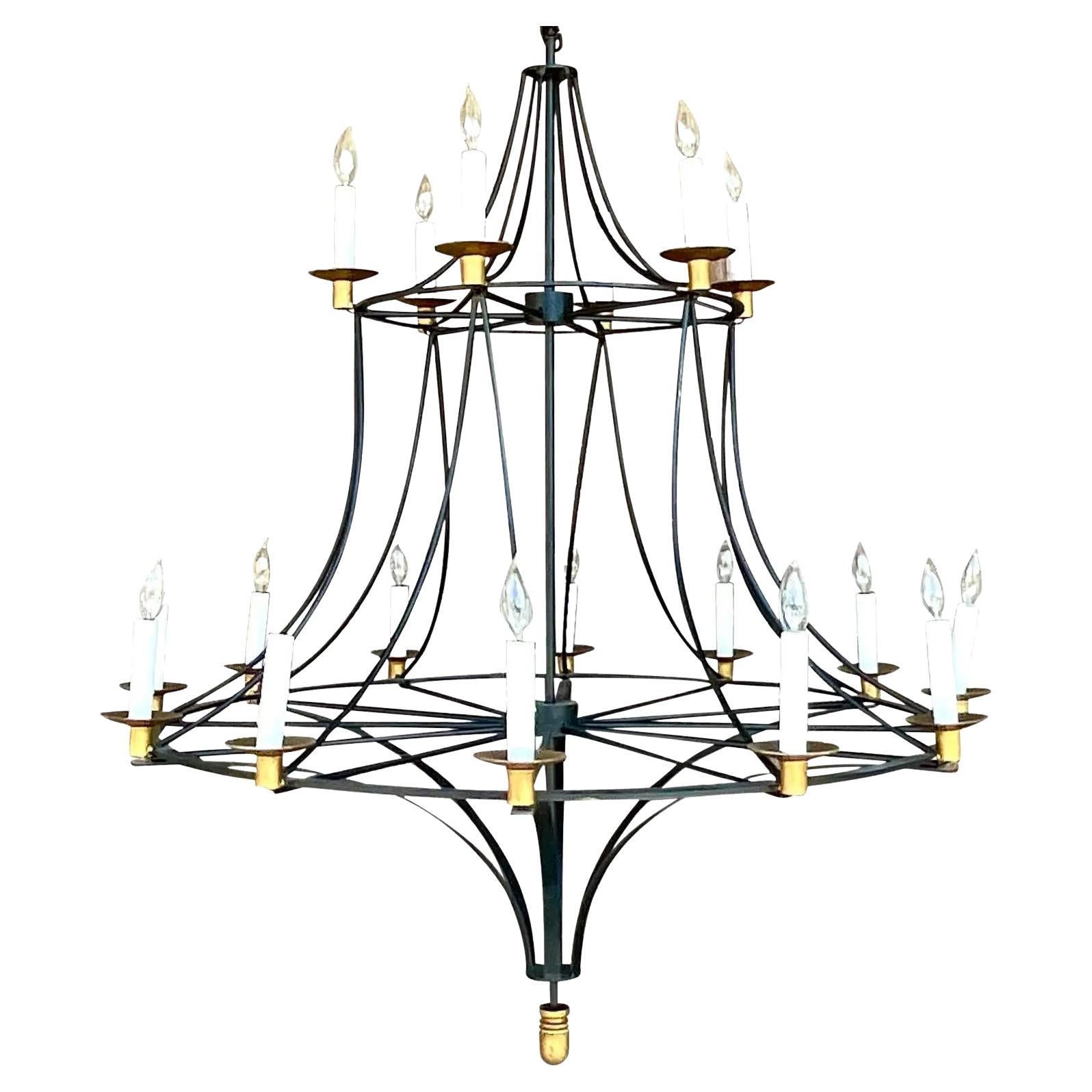 Vintage Boho Wrought Iron and Gilt Chandelier