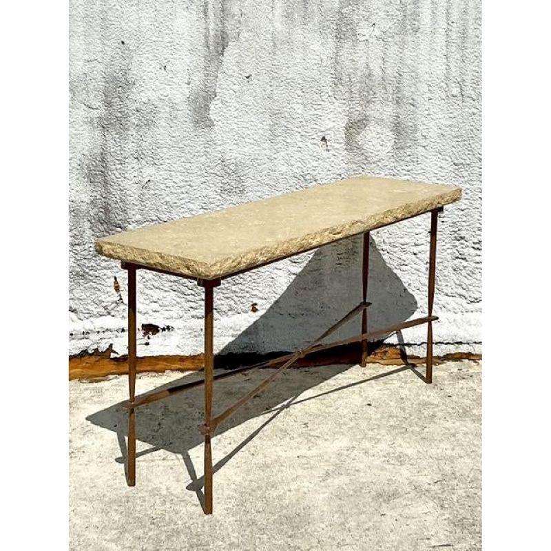 20th Century Vintage Boho Wrought Iron and Limestone Console Table For Sale