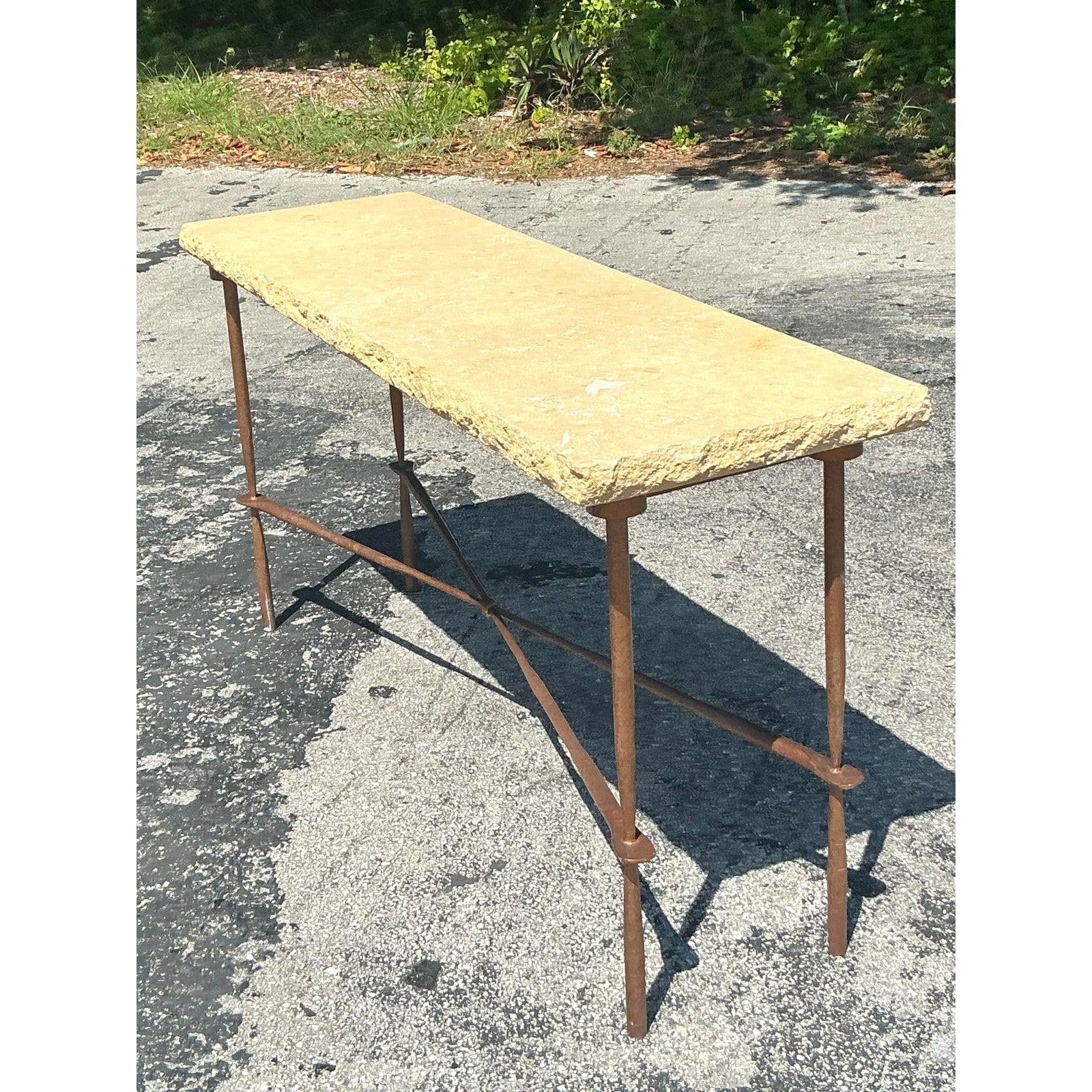 Metal Vintage Boho Wrought Iron and Limestone Console Table For Sale