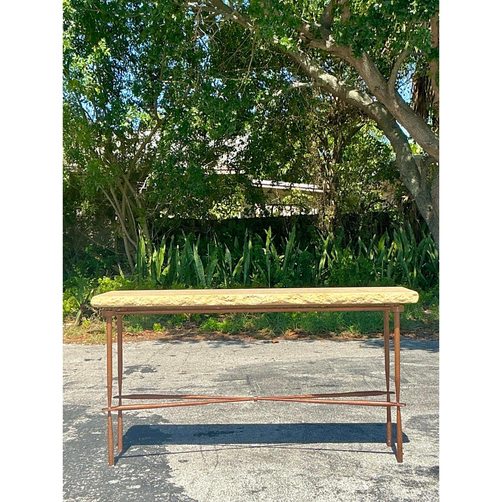 Vintage Boho Wrought Iron and Limestone Console Table For Sale 1