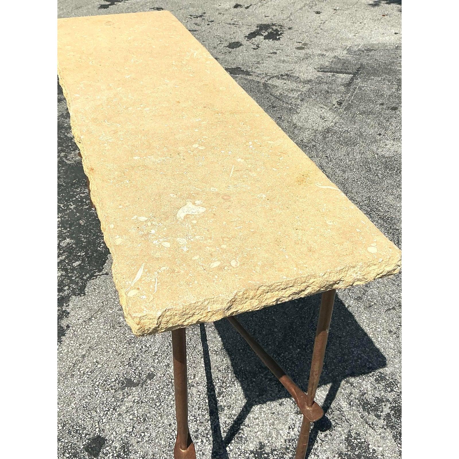 Vintage Boho Wrought Iron and Limestone Console Table For Sale 2