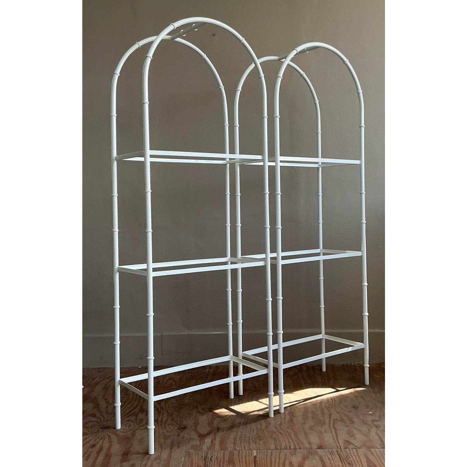 Hollywood Regency Vintage Boho Wrought Iron Arched Etagere - A Pair For Sale