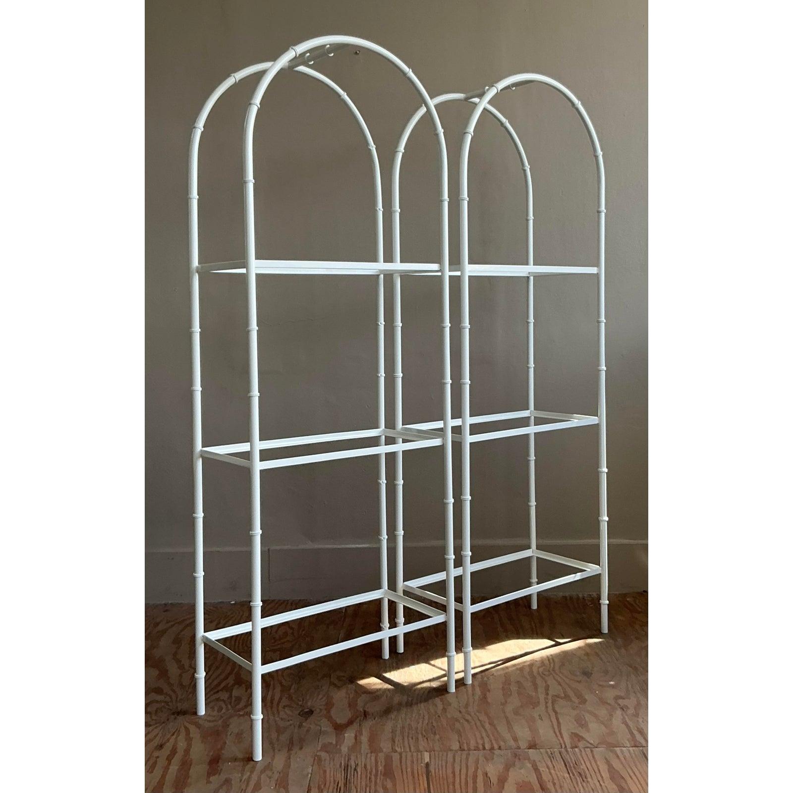 American Vintage Boho Wrought Iron Arched Etagere - A Pair For Sale