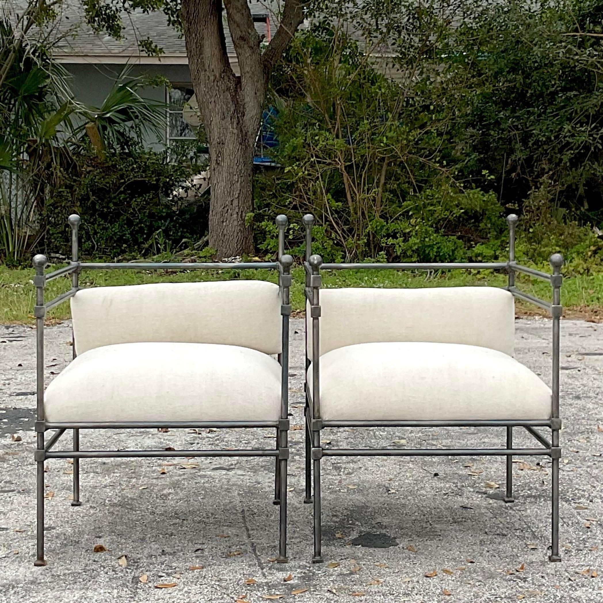 American Vintage Boho Wrought Iron Burnham Lounge Chairs - a Pair For Sale