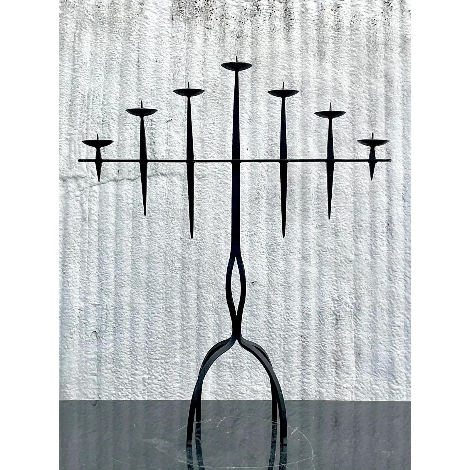 North American Vintage Boho Wrought Iron Candleabra For Sale