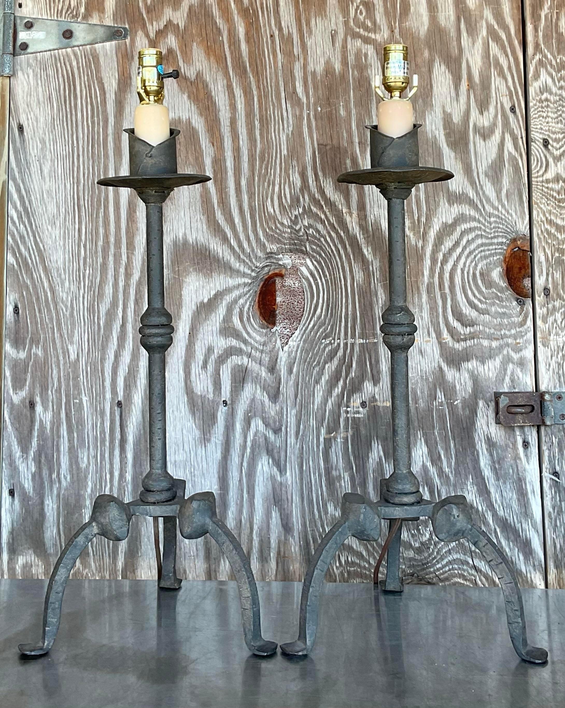 Vintage Boho Wrought Iron Candlestick Lamps - a Pair For Sale at 1stDibs