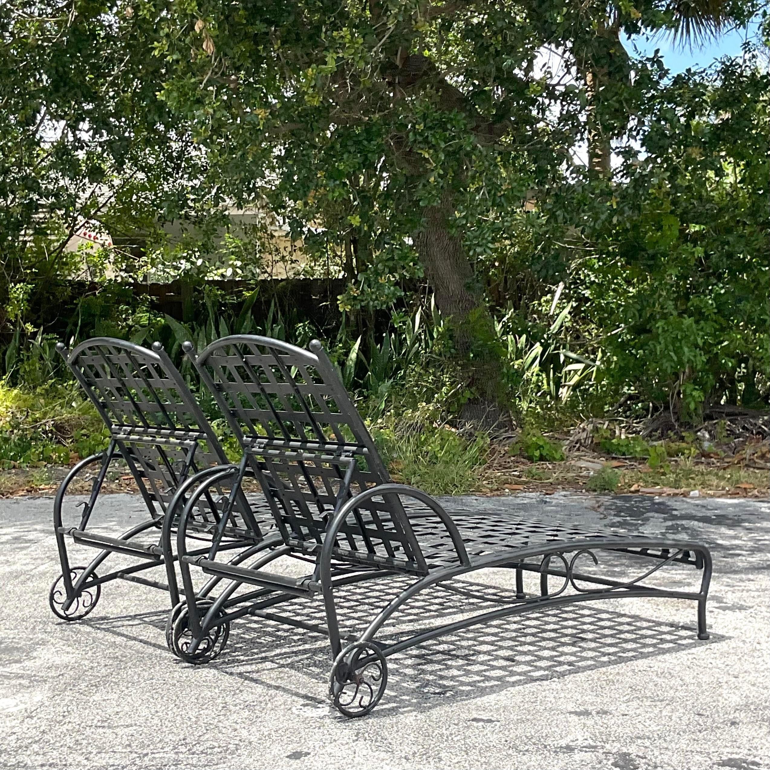 American Vintage Boho Wrought Iron Chaise Lounge Chairs - a Pair For Sale