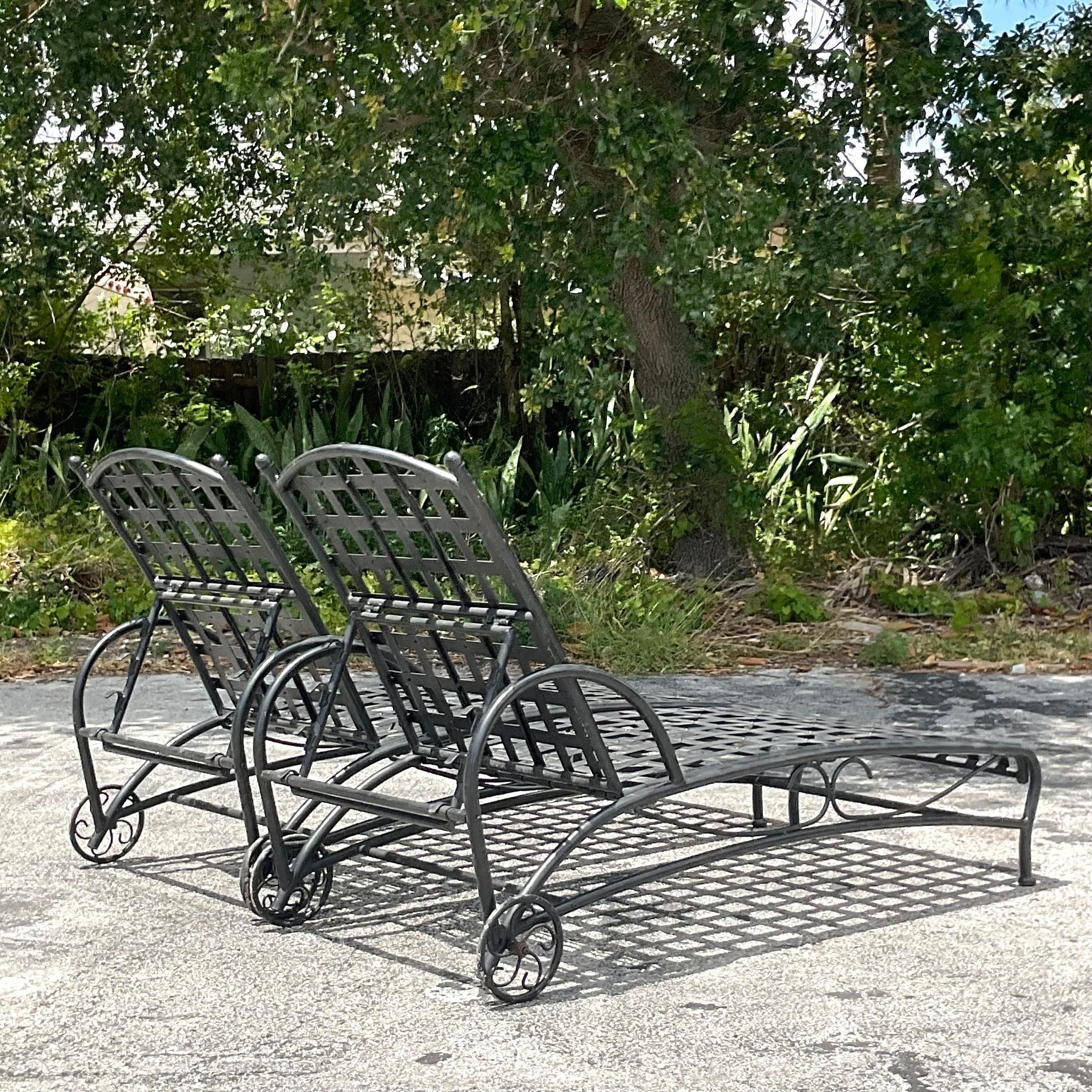 Vintage Boho Wrought Iron Chaise Lounge Chairs - a Pair In Good Condition For Sale In west palm beach, FL