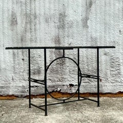 Vintage Boho Wrought Iron Circle Console With Empress Stone Top