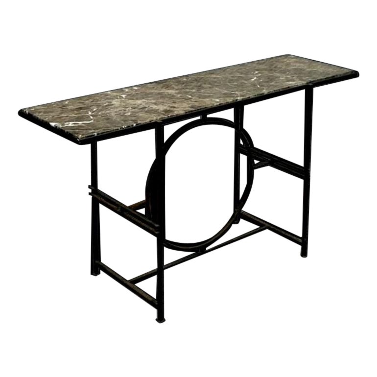 Vintage Boho Wrought Iron Circle Console With Empress Stone Top For Sale