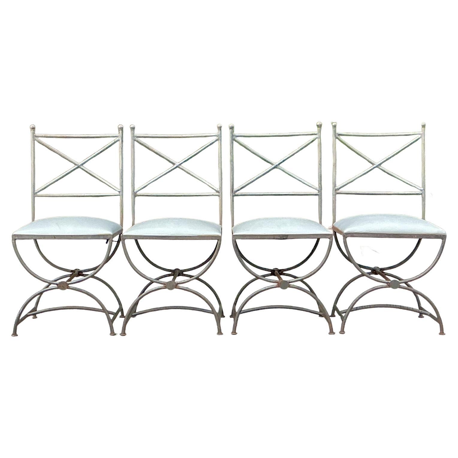Vintage Boho Wrought Iron Dining Chairs - Set of 4