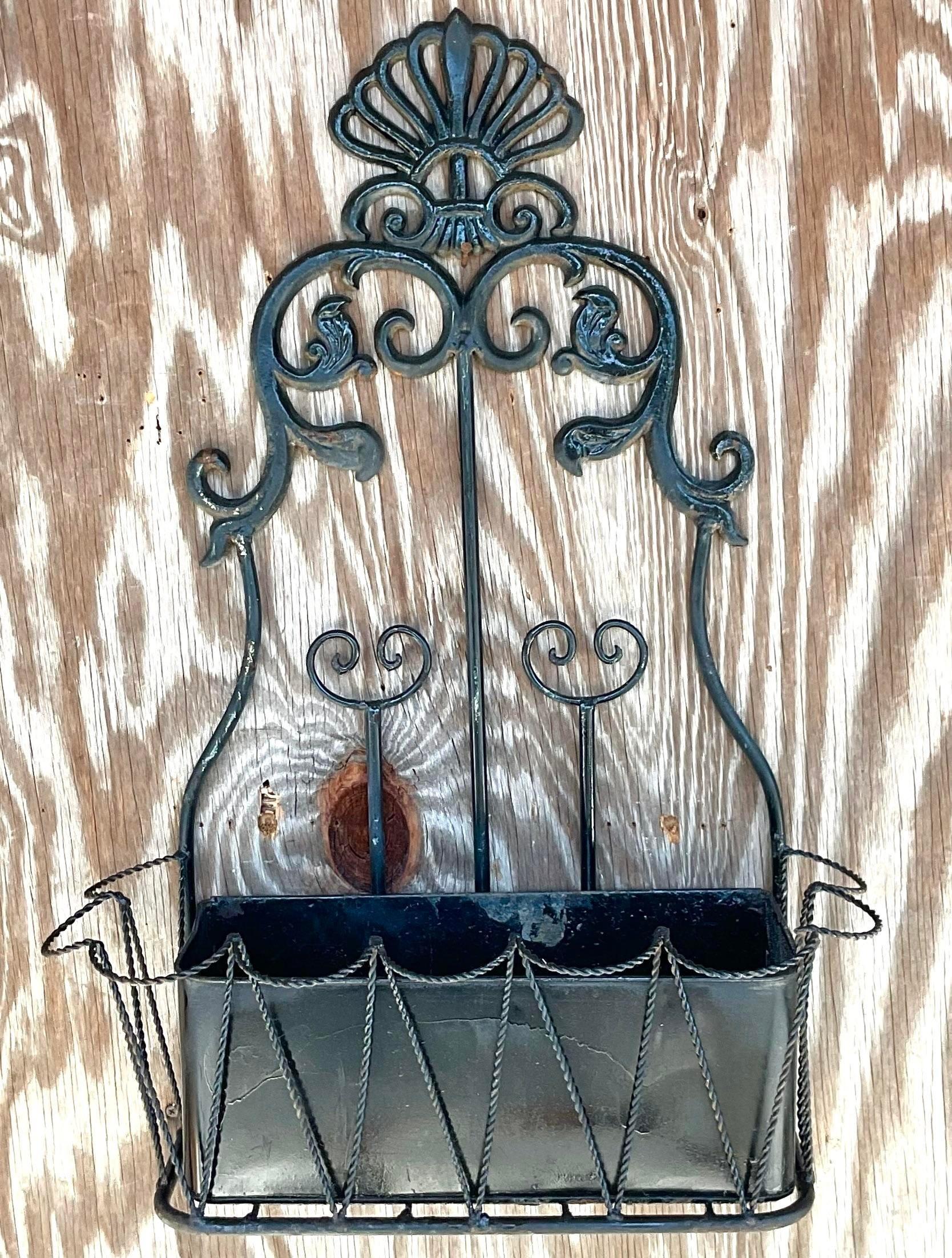 American Vintage Boho Wrought Iron Hanging Wall Planter For Sale