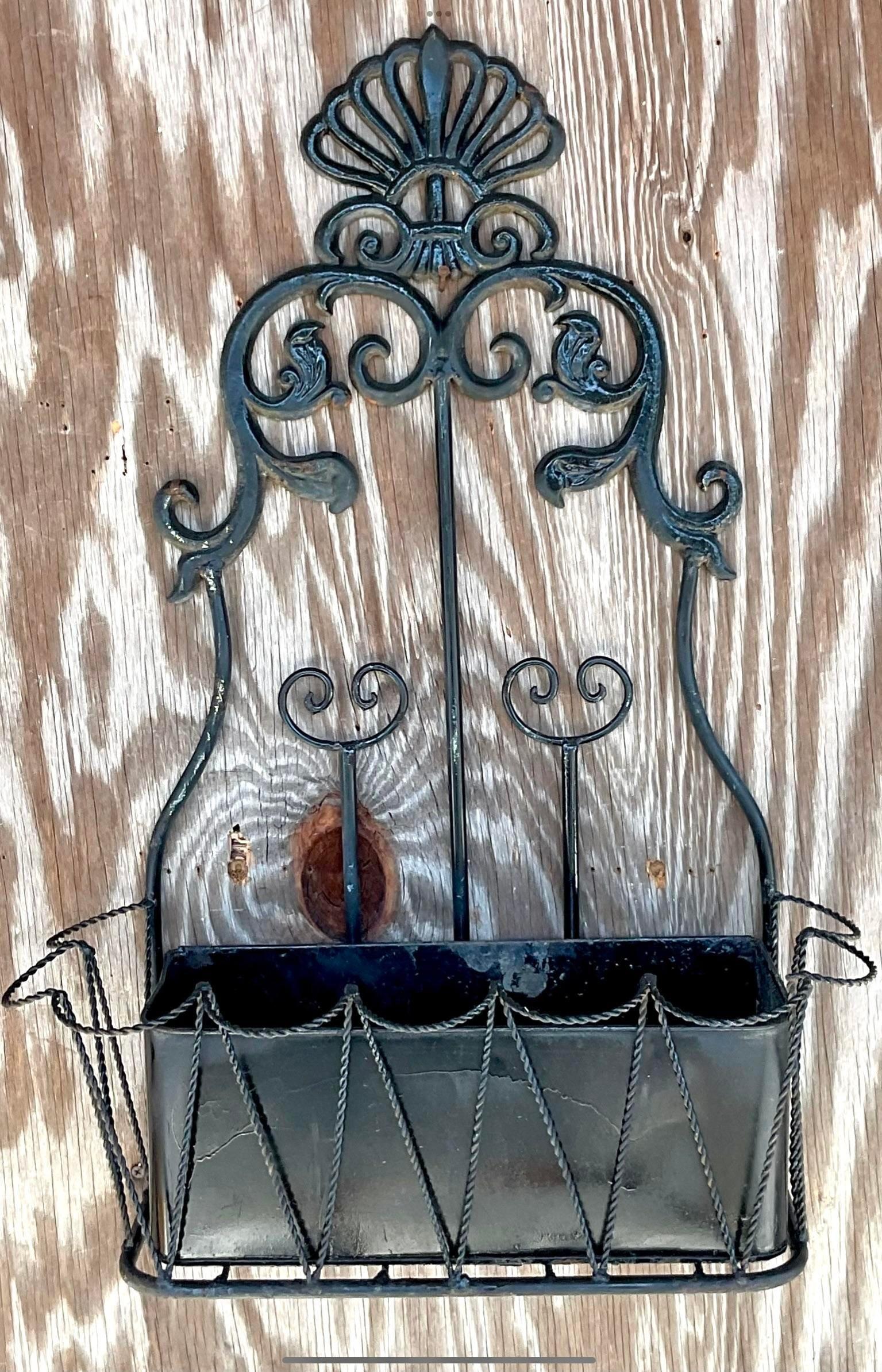 Vintage Boho Wrought Iron Hanging Wall Planter In Good Condition For Sale In west palm beach, FL