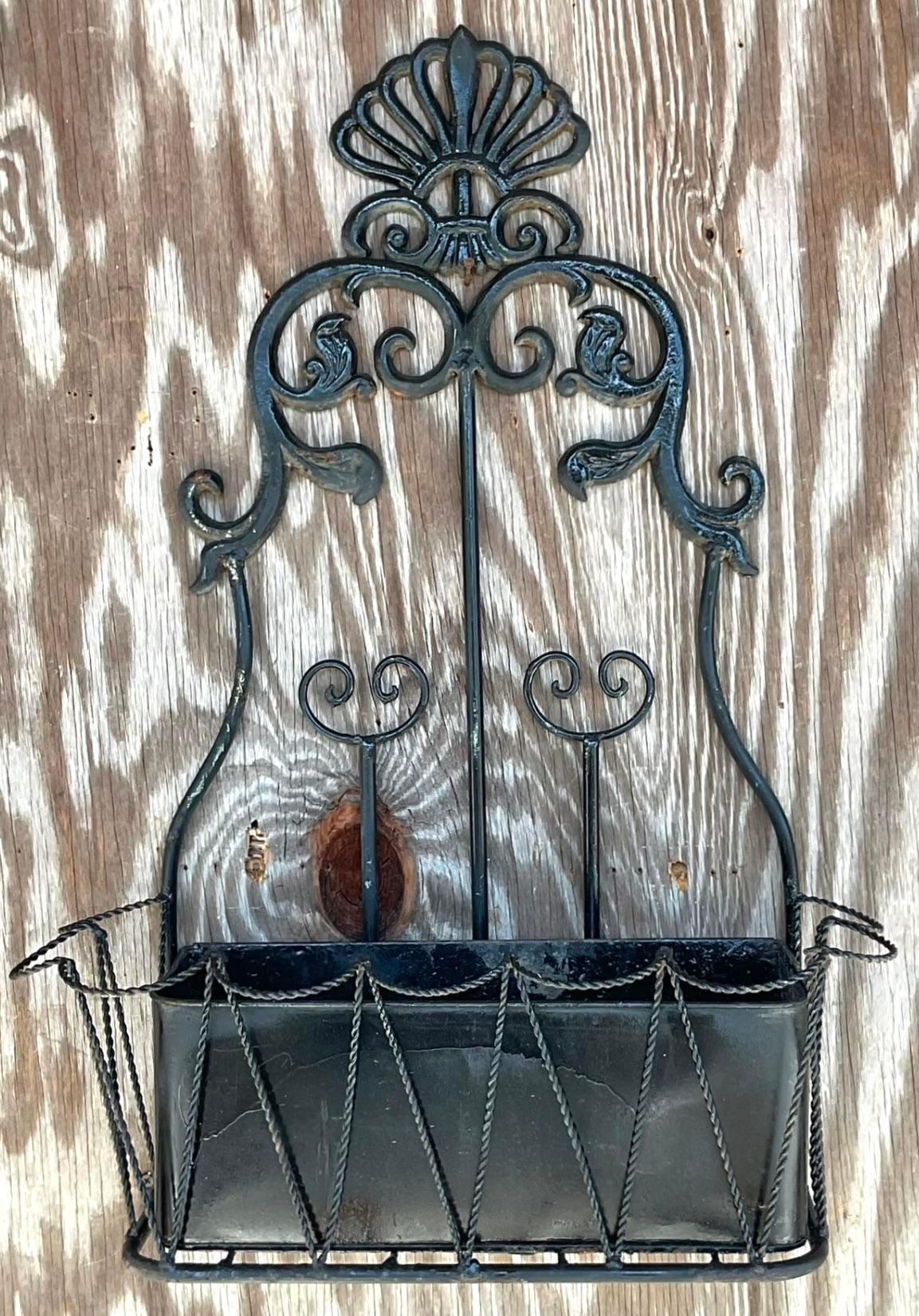 Vintage Boho Wrought Iron Hanging Wall Planter In Good Condition For Sale In west palm beach, FL