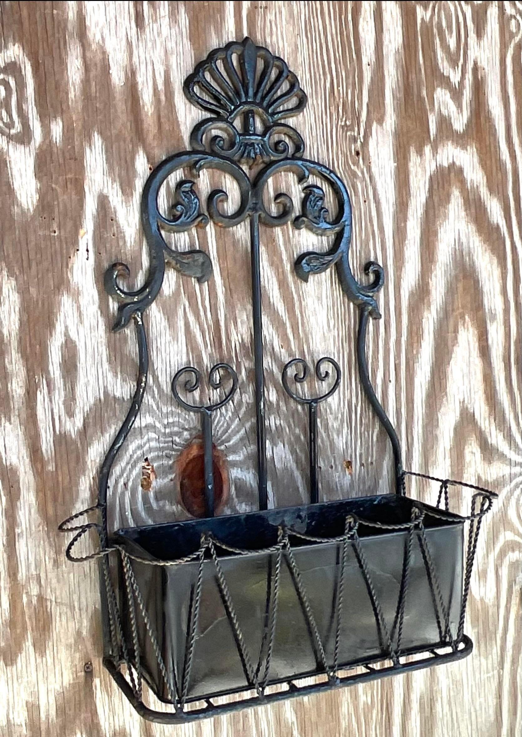 Vintage Boho Wrought Iron Hanging Wall Planter For Sale 1