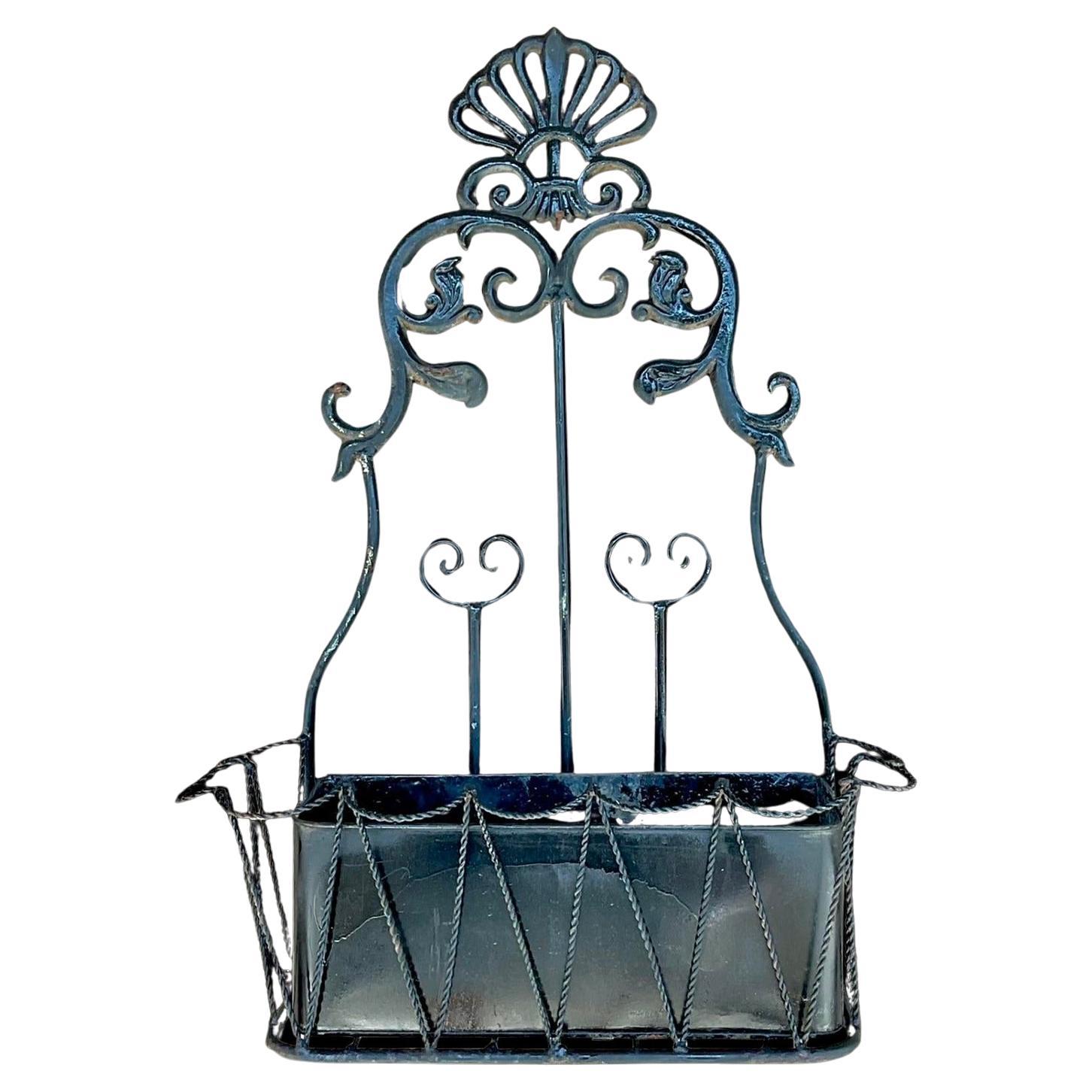 Vintage Boho Wrought Iron Hanging Wall Planter For Sale