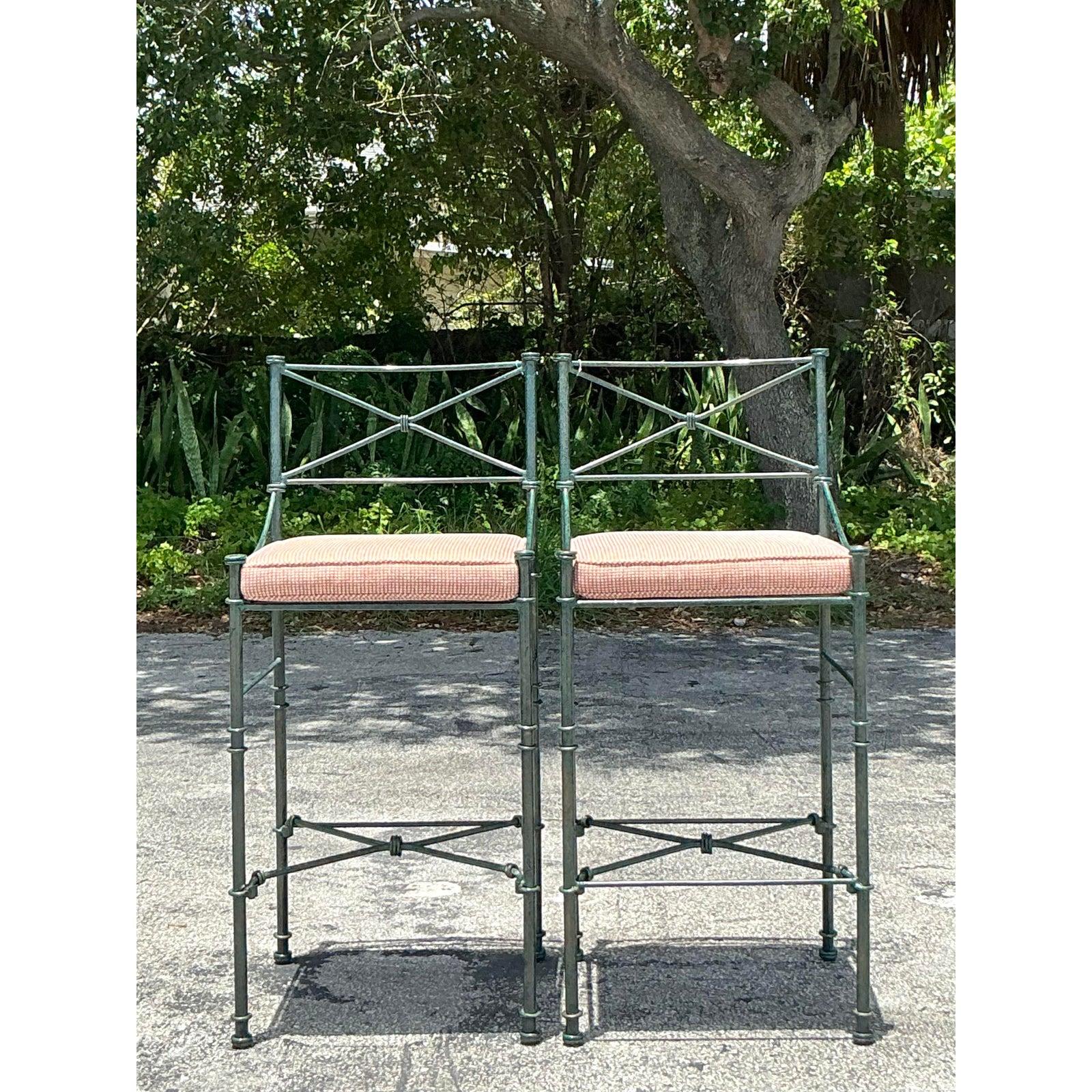 Hollywood Regency Vintage Boho Wrought Iron Knot Bar Stools - A Pair For Sale