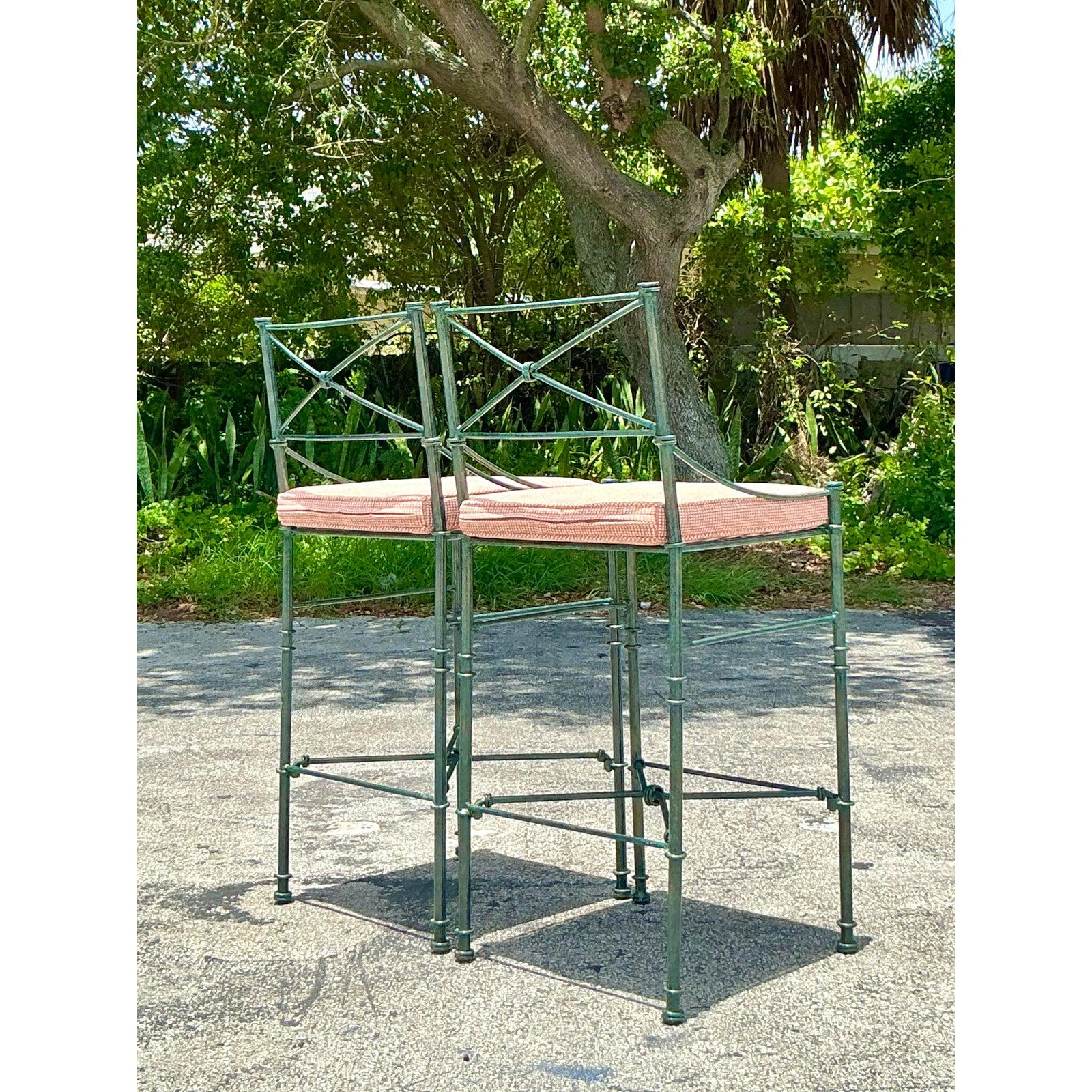 American Vintage Boho Wrought Iron Knot Bar Stools - A Pair For Sale