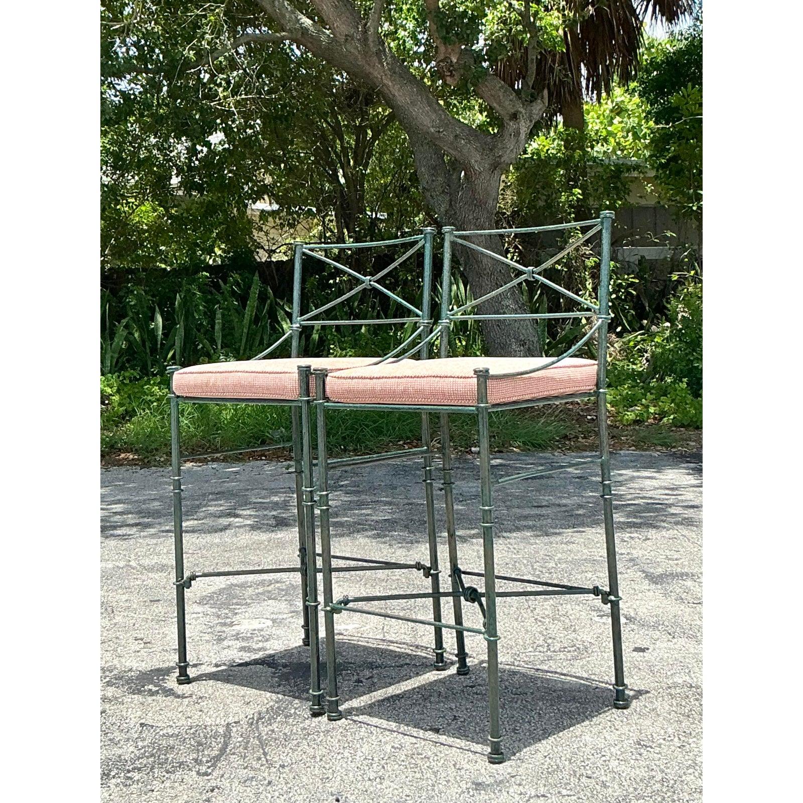 Vintage Boho Wrought Iron Knot Bar Stools - A Pair In Good Condition For Sale In west palm beach, FL