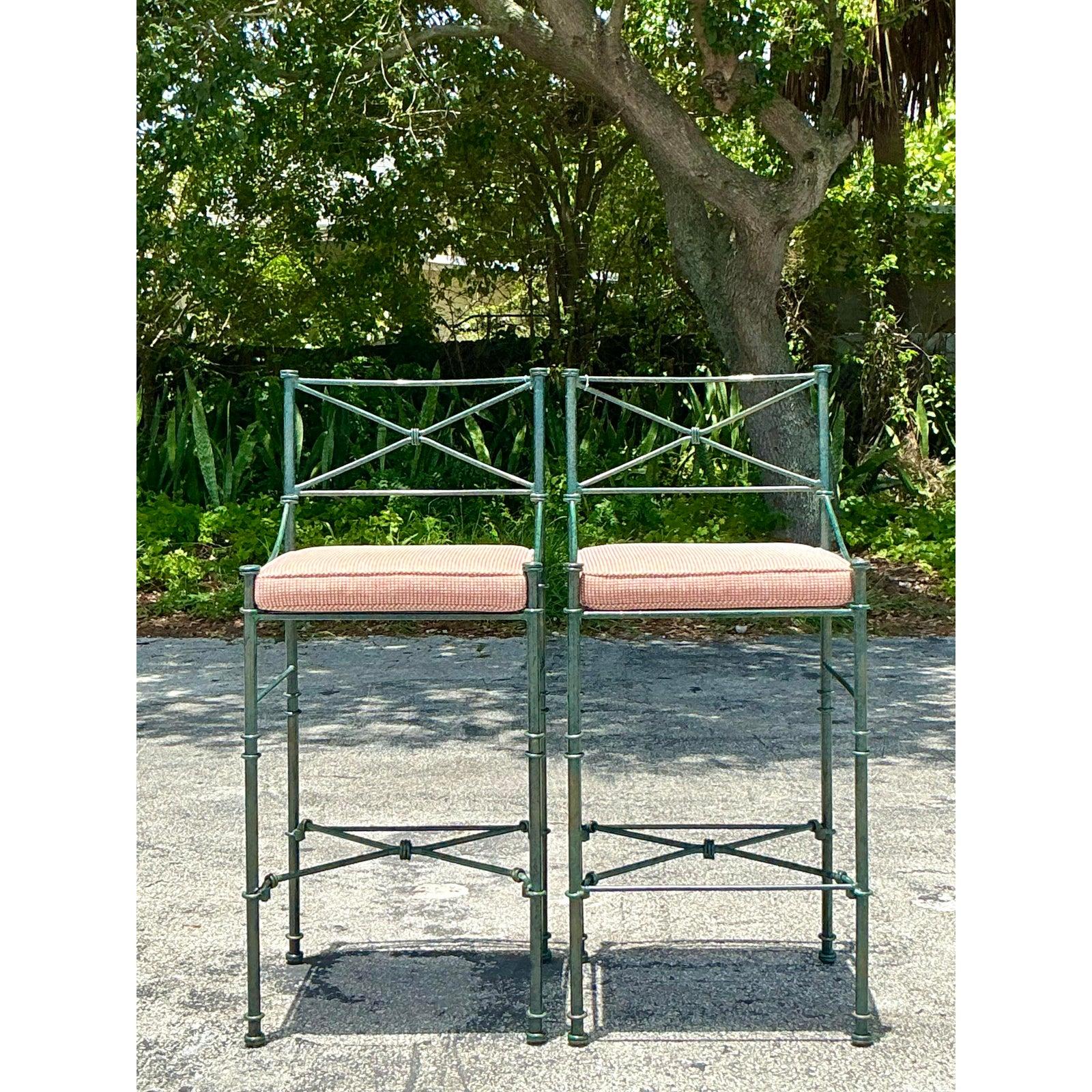 Fabric Vintage Boho Wrought Iron Knot Bar Stools - A Pair For Sale